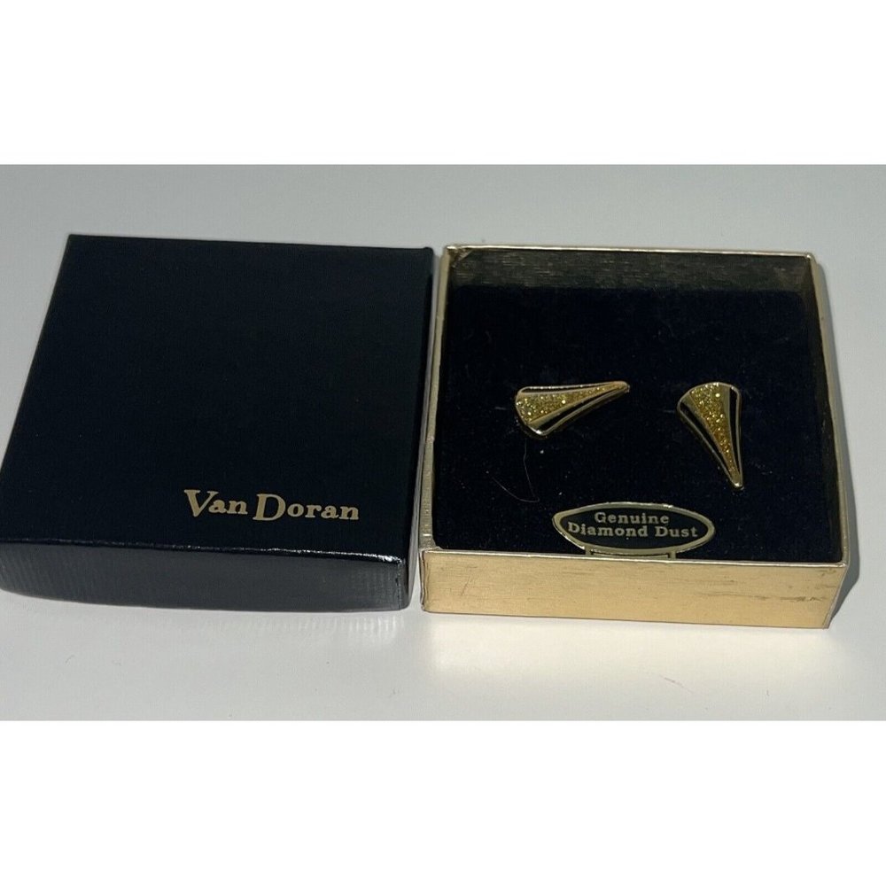 Vintage Van Doran Genuine Diamond Dust Gold Tone Clip Earrings Black New In Box